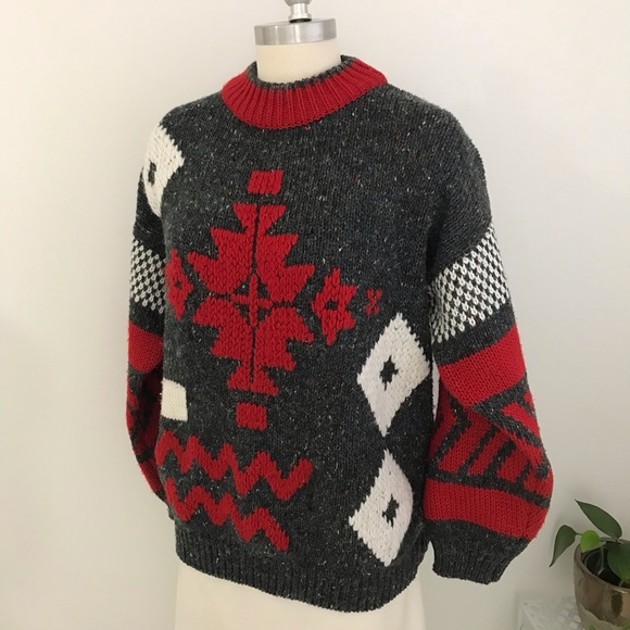 Vintage Chunky Geometric Grey White and Red Mock Turtleneck Sweater - Picture 2 of 8